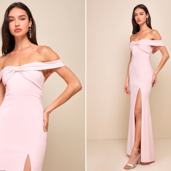 LULU's Chic Sexy Prom Wedding Off the Shoulder Light Pink Trumpet Maxi Dress - Picture 4 of 4
